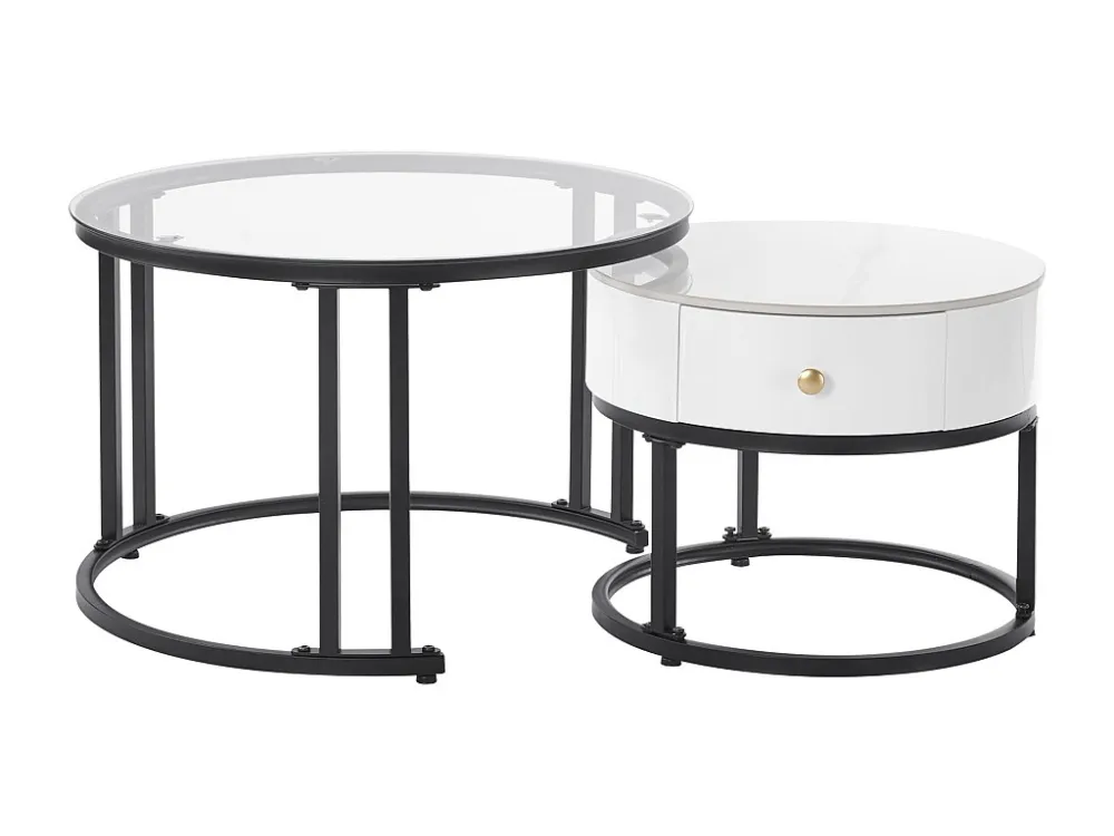 Set van 2 bijzettafels met lade - glazen blad en marmerpatroon - bijzettafel - wit Merax