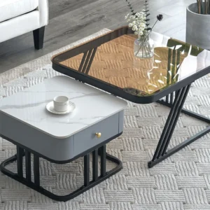 Set van 2 elkaar geschoven salontafels - glazen blad en marmerpatroon - wit en bruin Merax