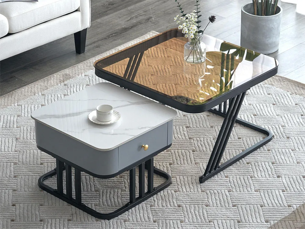 Set van 2 elkaar geschoven salontafels - glazen blad en marmerpatroon - wit en bruin Merax