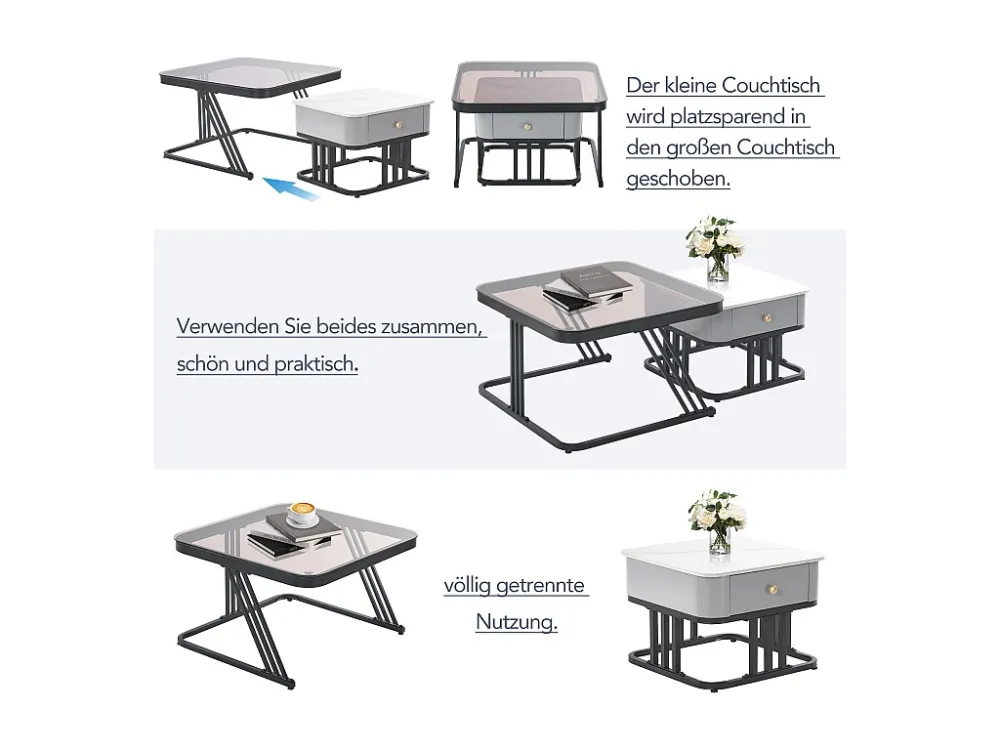Set van 2 elkaar geschoven salontafels - glazen blad en marmerpatroon - wit en bruin Merax