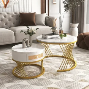 Set van 2 elkaar geschoven salontafels met lade - MDF hout en metaal - blad met marmerpatroon - wit Merax