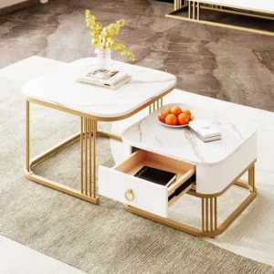 Set van 2 elkaar geschoven salontafels met 1 lade, vierkante salontafel - marmerlook bladen - hout en metaal - Glanzend wi...