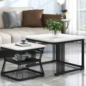 Set van 2 elkaar geschoven salontafels met plank - bijzettafel met gemarmerd fineer - metalen poten - wit en zwart Merax