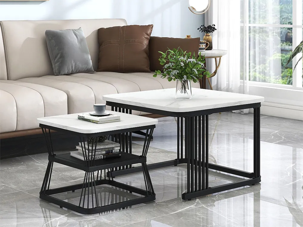 Set van 2 elkaar geschoven salontafels met plank - bijzettafel met gemarmerd fineer - metalen poten - wit en zwart Merax