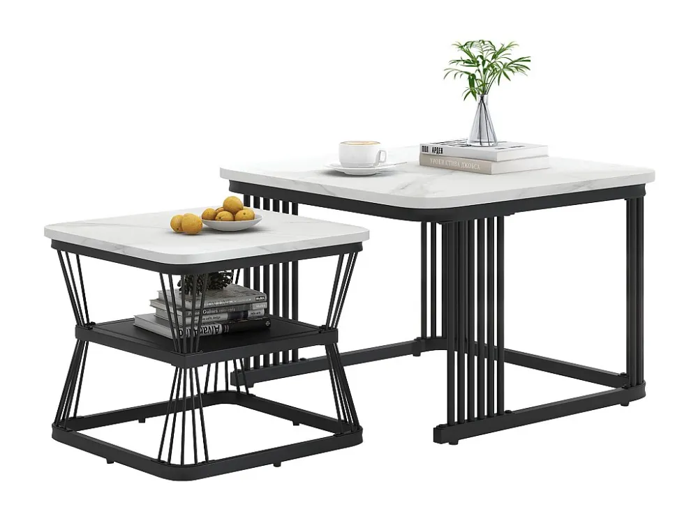 Set van 2 elkaar geschoven salontafels met plank - bijzettafel met gemarmerd fineer - metalen poten - wit en zwart Merax