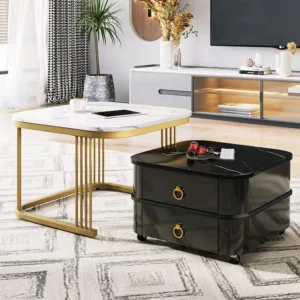Set van 2 elkaar geschoven salontafels met 2 laden, vierkante salontafel - bladen met marmerpatroon - hout en metaal - gla...