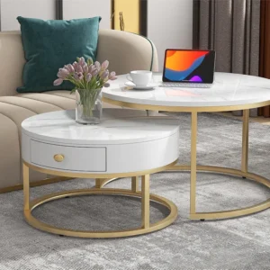 Set van 2 elkaar geschoven salontafels met lade - Scandinavische stijl - fineer met marmerpatroon - Wit Merax