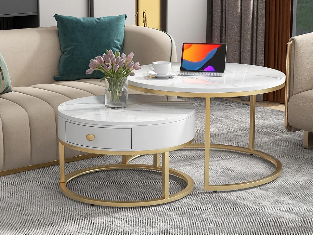 Set van 2 elkaar geschoven salontafels met lade - Scandinavische stijl - fineer met marmerpatroon - Wit Merax