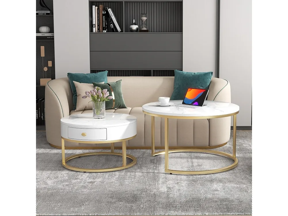Set van 2 elkaar geschoven salontafels met lade - Scandinavische stijl - fineer met marmerpatroon - Wit Merax