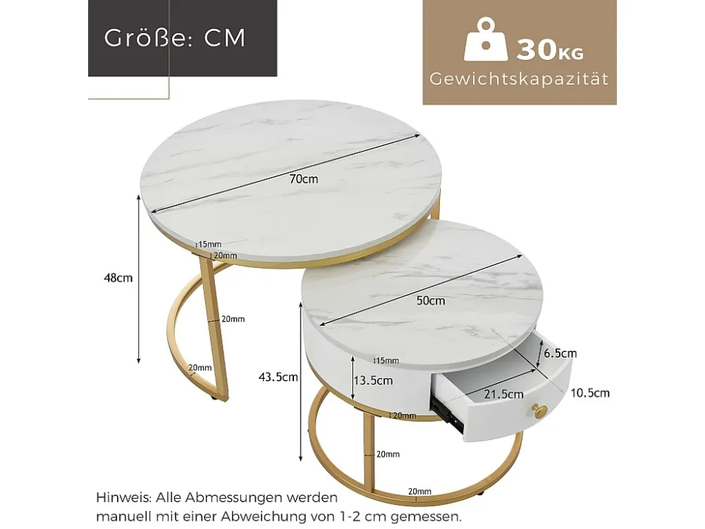 Set van 2 elkaar geschoven salontafels met lade - Scandinavische stijl - fineer met marmerpatroon - Wit Merax