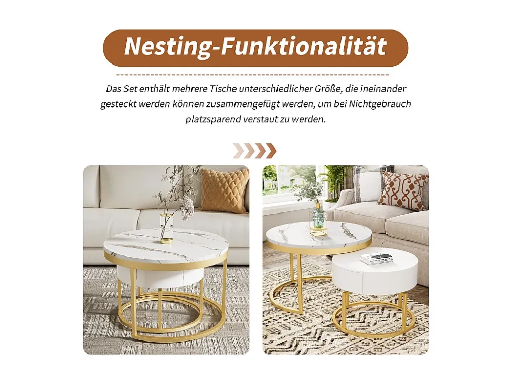 Set van 2 elkaar geschoven salontafels met 2 laden - Marmerpatroon - MDF hout - Wit Merax