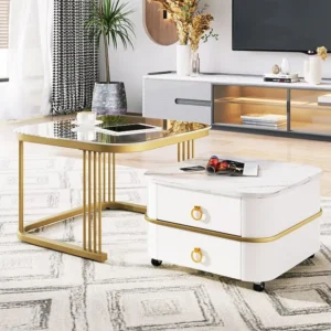 Set van 2 elkaar geschoven salontafels met 2 laden, vierkante salontafel - glazen blad en marmerlook - hout en metaal - gl...