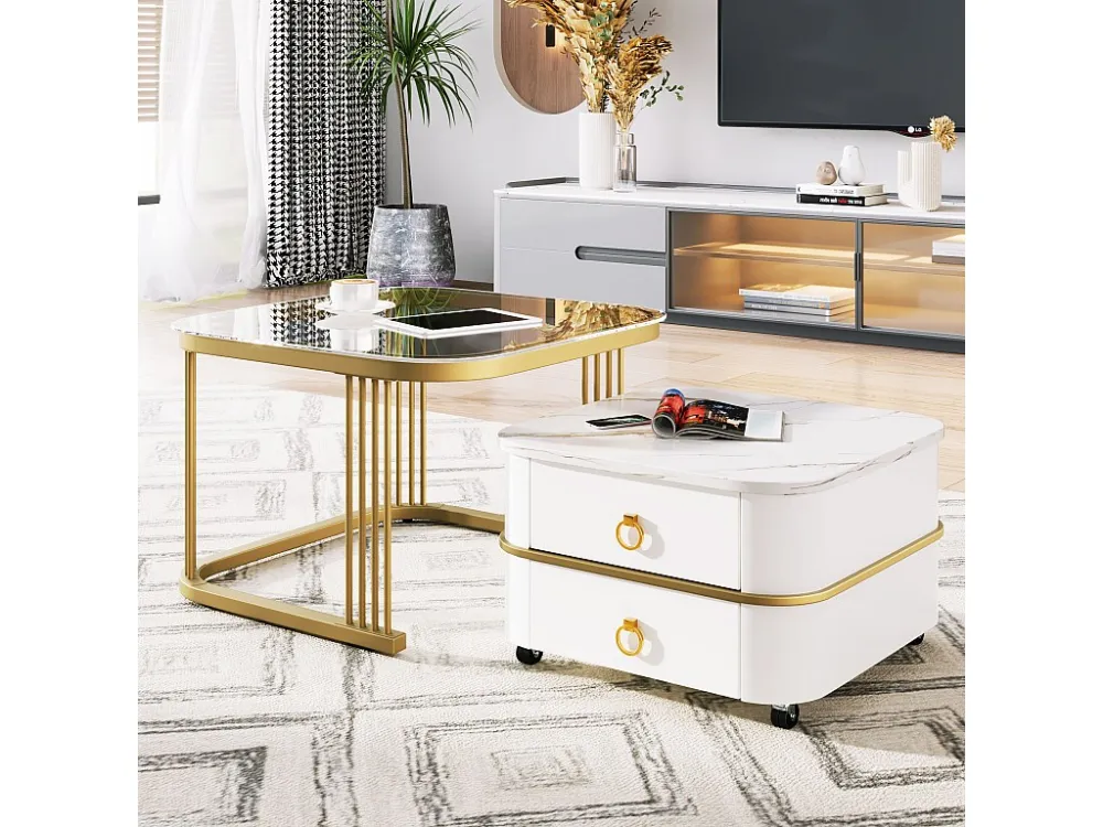 Set van 2 elkaar geschoven salontafels met 2 laden, vierkante salontafel - glazen blad en marmerlook - hout en metaal - gl...