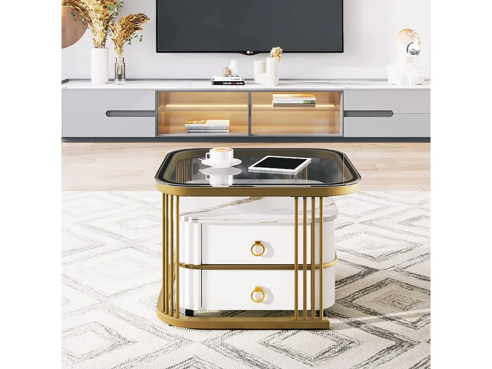 Set van 2 elkaar geschoven salontafels met 2 laden, vierkante salontafel - glazen blad en marmerlook - hout en metaal - gl...