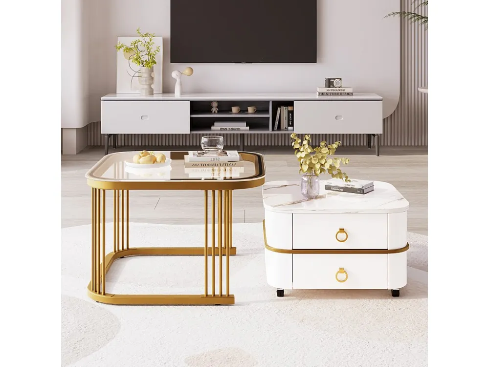 Set van 2 elkaar geschoven salontafels met 2 laden, vierkante salontafel - glazen blad en marmerlook - hout en metaal - gl...