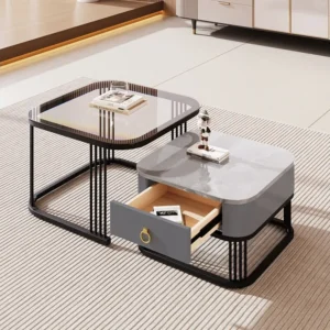 Set van 2 elkaar geschoven salontafels met 1 lade, vierkante salontafel - glazen blad en marmerlook - hout en metaal - Gri...