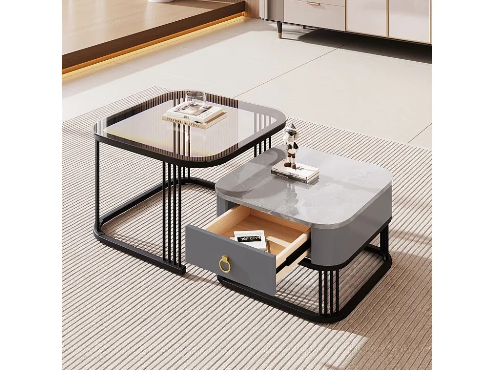 Set van 2 elkaar geschoven salontafels met 1 lade, vierkante salontafel - glazen blad en marmerlook - hout en metaal - Gri...