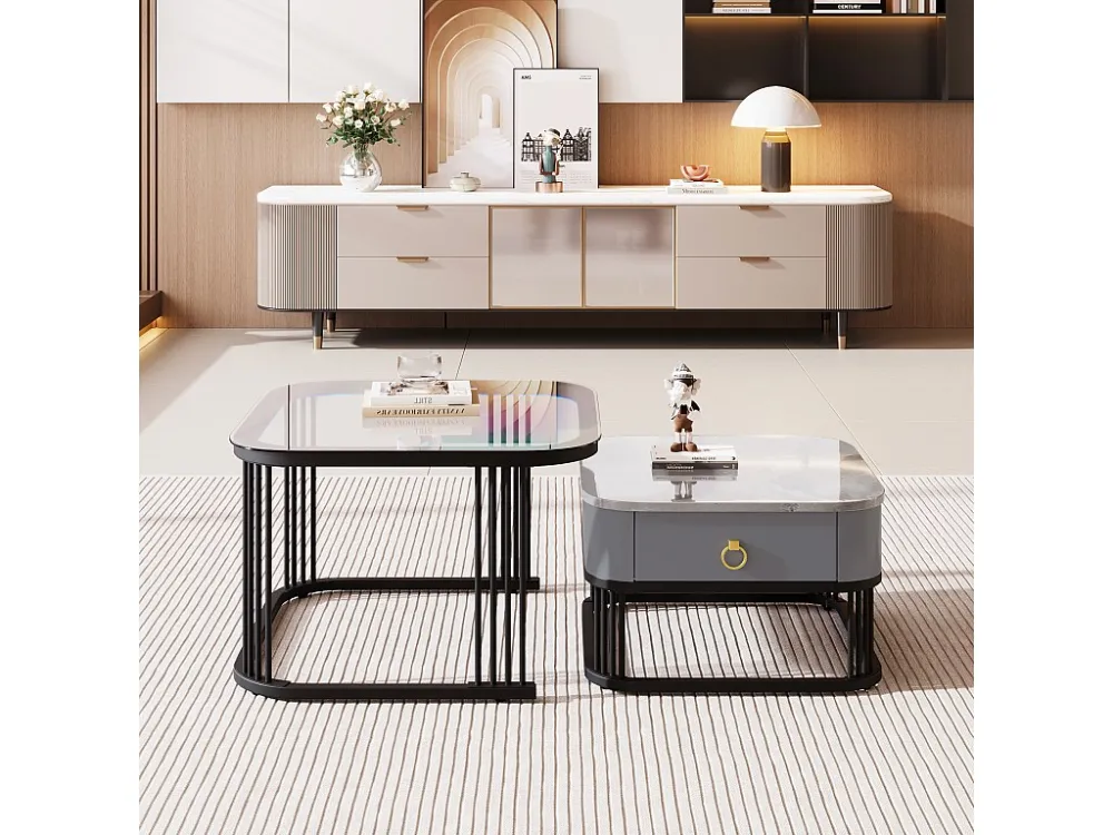 Set van 2 elkaar geschoven salontafels met 1 lade, vierkante salontafel - glazen blad en marmerlook - hout en metaal - Gri...