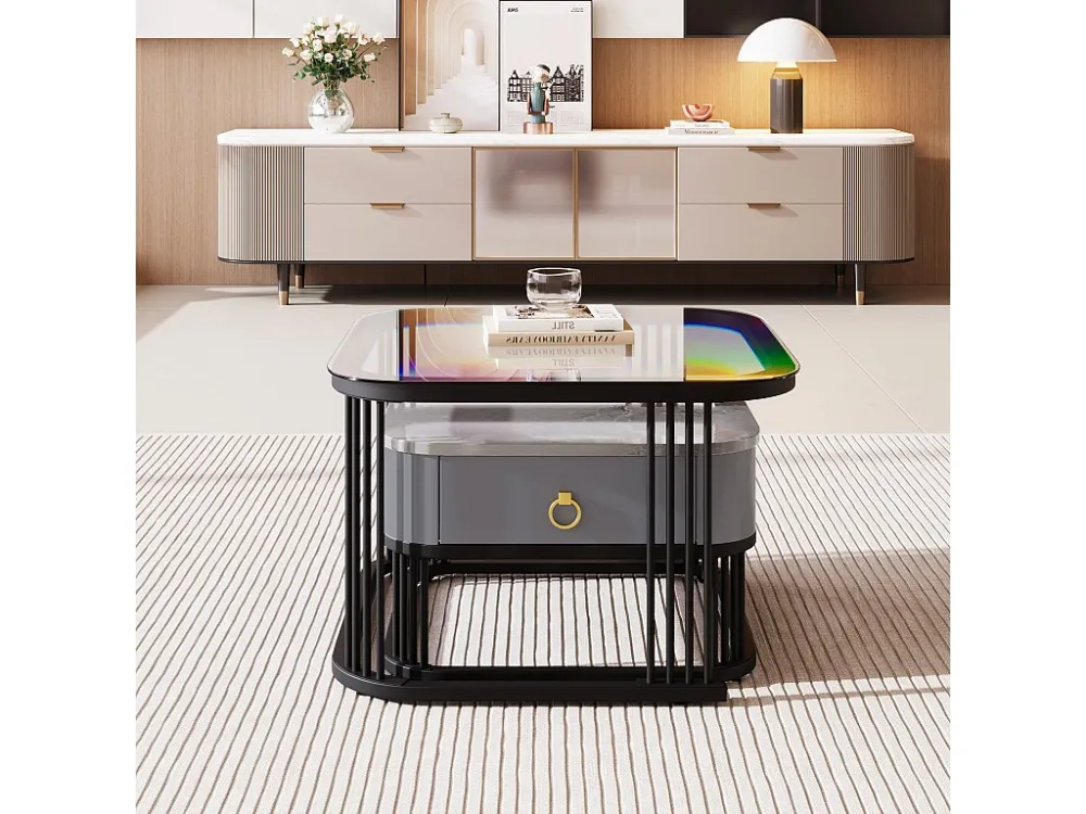 Set van 2 elkaar geschoven salontafels met 1 lade, vierkante salontafel - glazen blad en marmerlook - hout en metaal - Gri...