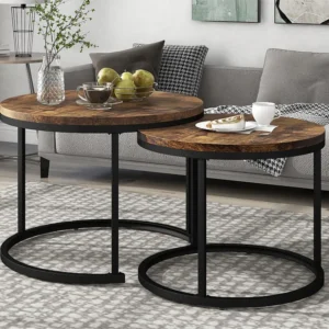 Set van 2 elkaar geschoven salontafels, ronde MDF bijzettafel, gemarmerd fineer, industriële stijl, bruin Merax