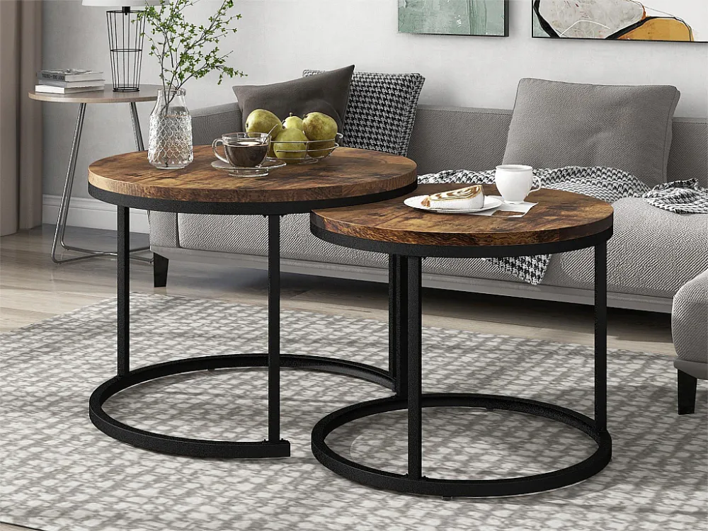 Set van 2 elkaar geschoven salontafels, ronde MDF bijzettafel, gemarmerd fineer, industriële stijl, bruin Merax
