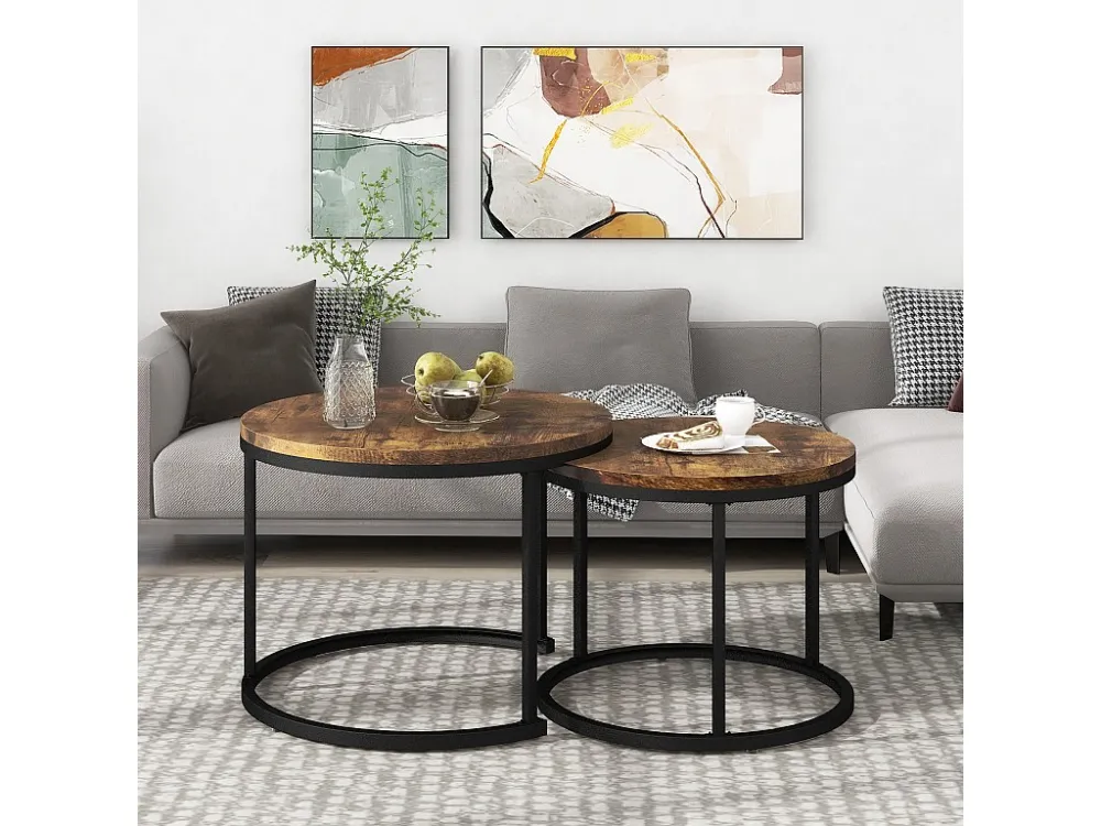 Set van 2 elkaar geschoven salontafels, ronde MDF bijzettafel, gemarmerd fineer, industriële stijl, bruin Merax