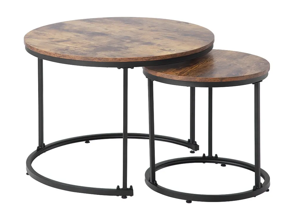 Set van 2 elkaar geschoven salontafels, ronde MDF bijzettafel, gemarmerd fineer, industriële stijl, bruin Merax