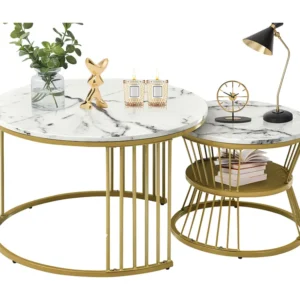 Set van 2 elkaar geschoven salontafels - ronde bijzettafels - Metaal & MDF - Marmerlook - wit Merax