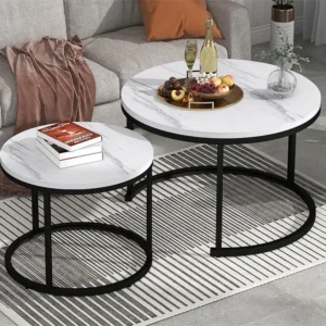 Set van 2 elkaar geschoven salontafels, ronde MDF bijzettafel, gemarmerd fineer, wit Merax