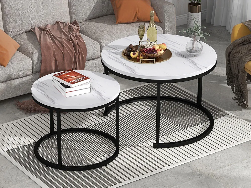Set van 2 elkaar geschoven salontafels, ronde MDF bijzettafel, gemarmerd fineer, wit Merax