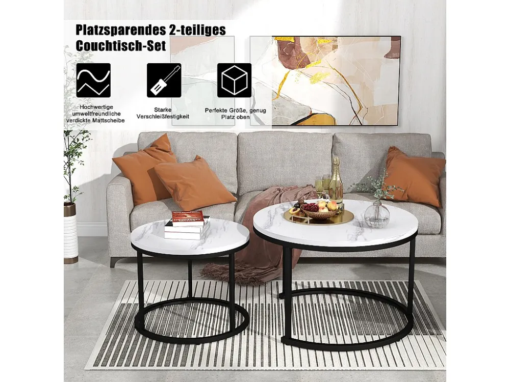 Set van 2 elkaar geschoven salontafels, ronde MDF bijzettafel, gemarmerd fineer, wit Merax