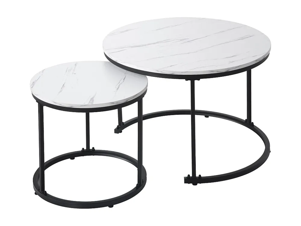 Set van 2 elkaar geschoven salontafels, ronde MDF bijzettafel, gemarmerd fineer, wit Merax