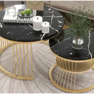 Set van 2 elkaar geschoven salontafels - Ronde bijzettafels - Metaal & MDF - Marmerlook - Zwart Merax