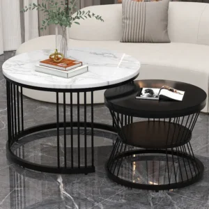 Set van 2 elkaar geschoven salontafels - Ronde bijzettafels - Metaal + MDF hout - Marmerlook - Zwart & wit Merax