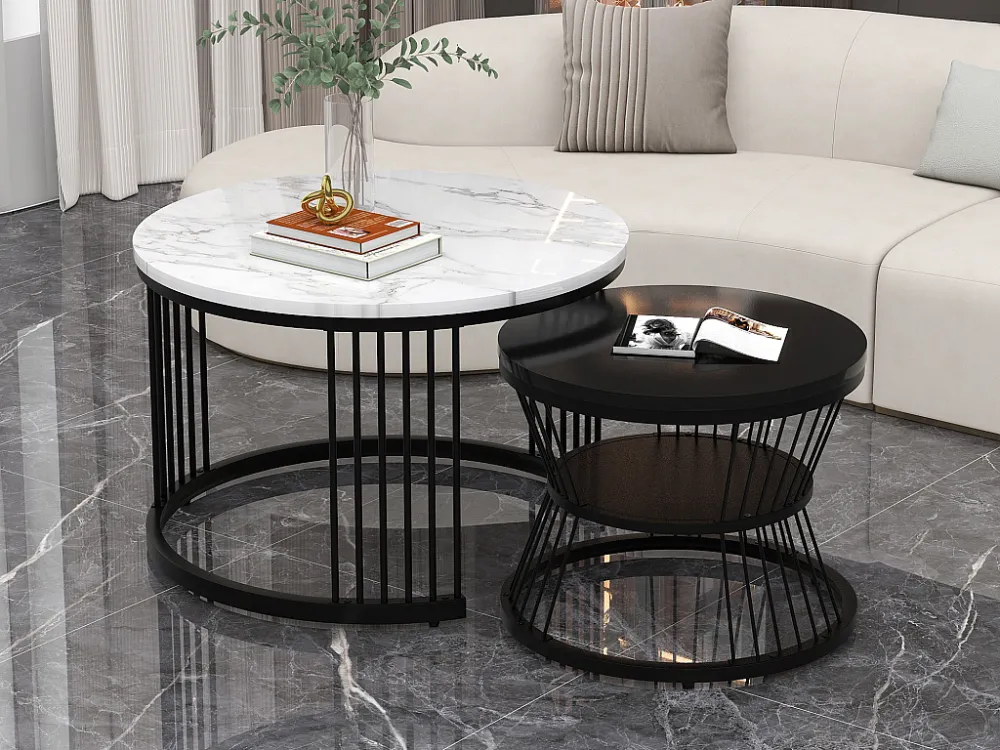 Set van 2 elkaar geschoven salontafels - Ronde bijzettafels - Metaal + MDF hout - Marmerlook - Zwart & wit Merax