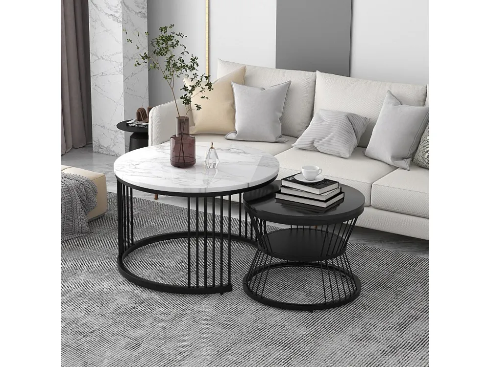 Set van 2 elkaar geschoven salontafels - Ronde bijzettafels - Metaal + MDF hout - Marmerlook - Zwart & wit Merax