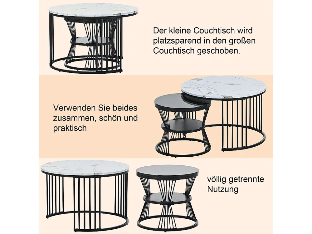 Set van 2 elkaar geschoven salontafels - Ronde bijzettafels - Metaal + MDF hout - Marmerlook - Zwart & wit Merax