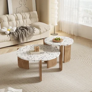 Set van 2 elkaar geschoven salontafels - Verweven kleurenpatroon - MDF hout - Wit + naturel Merax