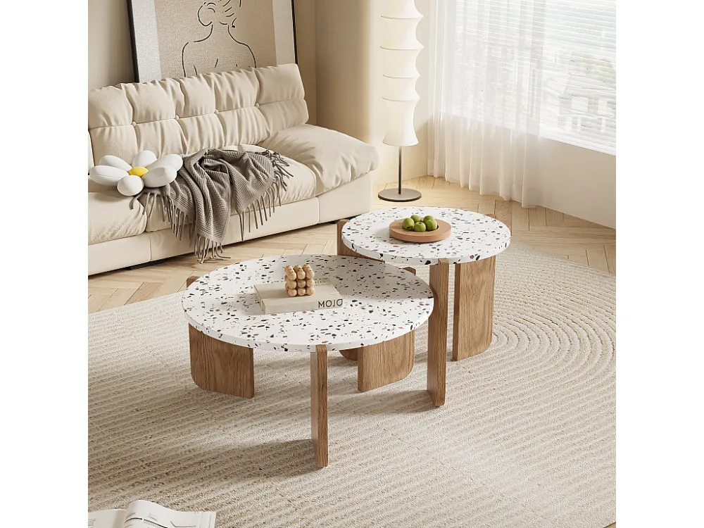 Set van 2 elkaar geschoven salontafels - Verweven kleurenpatroon - MDF hout - Wit + naturel Merax