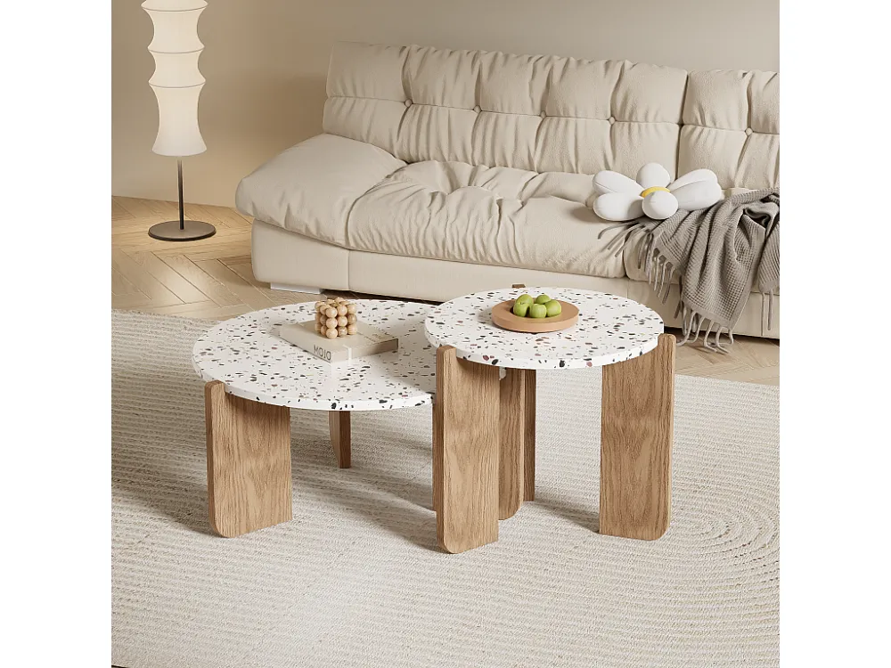Set van 2 elkaar geschoven salontafels - Verweven kleurenpatroon - MDF hout - Wit + naturel Merax