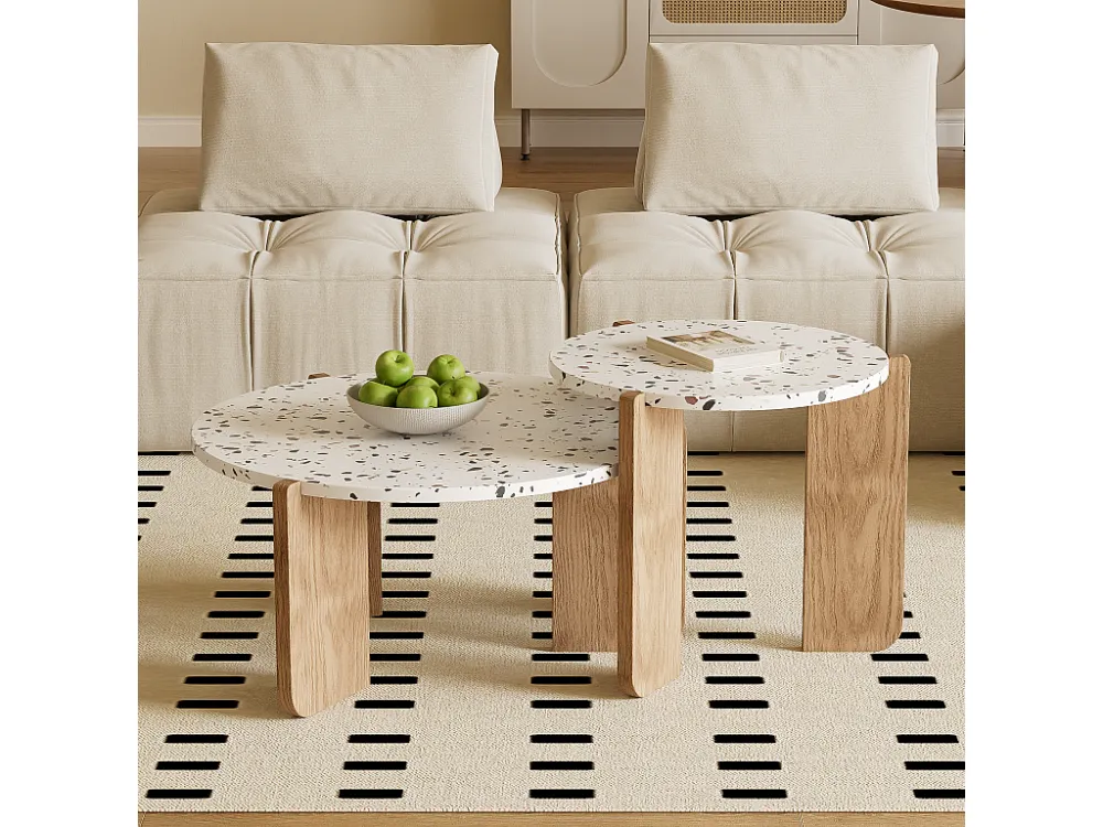 Set van 2 elkaar geschoven salontafels - Verweven kleurenpatroon - MDF hout - Wit + naturel Merax