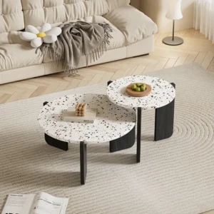 Set van 2 elkaar geschoven salontafels - Verweven kleurenpatroon - MDF hout - Wit + zwart Merax