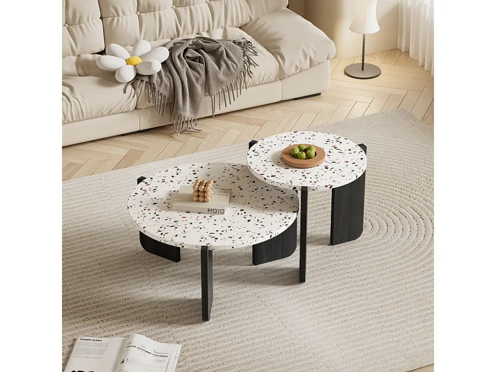 Set van 2 elkaar geschoven salontafels - Verweven kleurenpatroon - MDF hout - Wit + zwart Merax