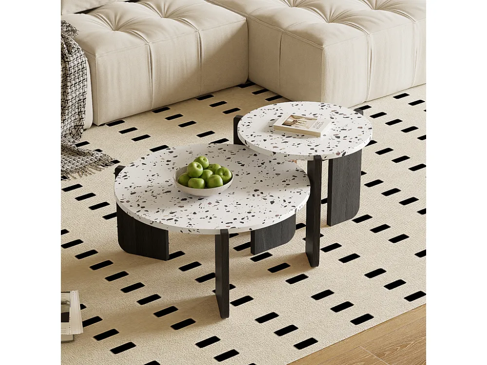 Set van 2 elkaar geschoven salontafels - Verweven kleurenpatroon - MDF hout - Wit + zwart Merax