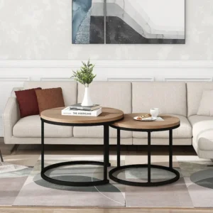 Set van 2 elkaar passende salontafels, bijzettafel - MDF-hout en metalen poten - eikenkleur Merax