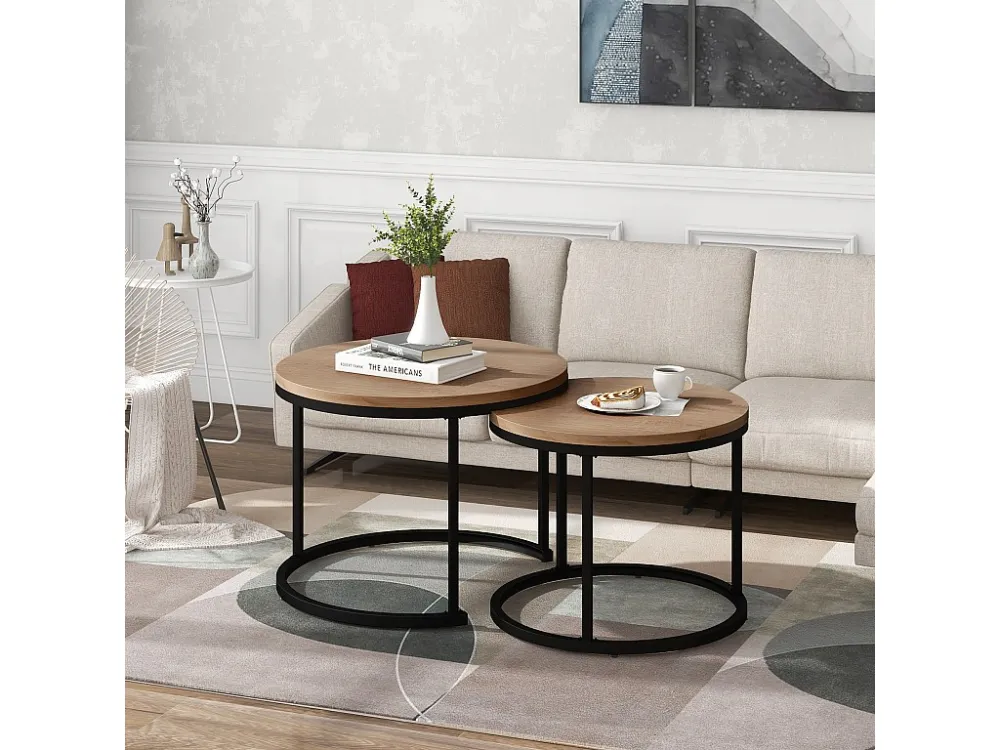Set van 2 elkaar passende salontafels, bijzettafel - MDF-hout en metalen poten - eikenkleur Merax