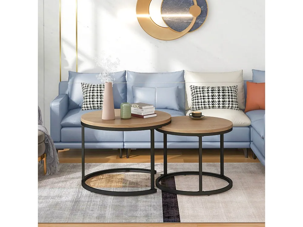 Set van 2 elkaar passende salontafels, bijzettafel - MDF-hout en metalen poten - eikenkleur Merax