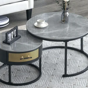 Set van 2 elkaar passende salontafels met lade - Bladen met marmerpatroon - Moderne stijl - Grijs Merax