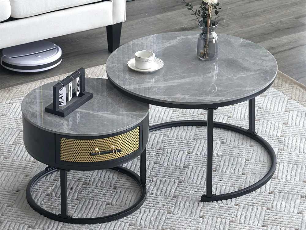 Set van 2 elkaar passende salontafels met lade - Bladen met marmerpatroon - Moderne stijl - Grijs Merax