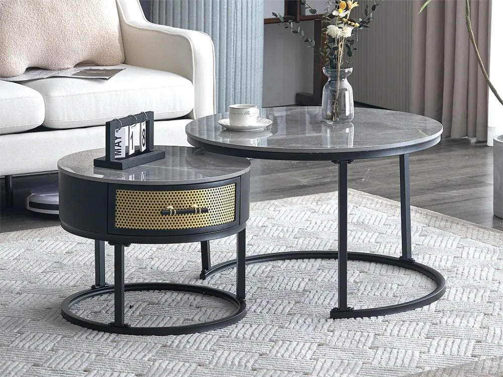 Set van 2 elkaar passende salontafels met lade - Bladen met marmerpatroon - Moderne stijl - Grijs Merax